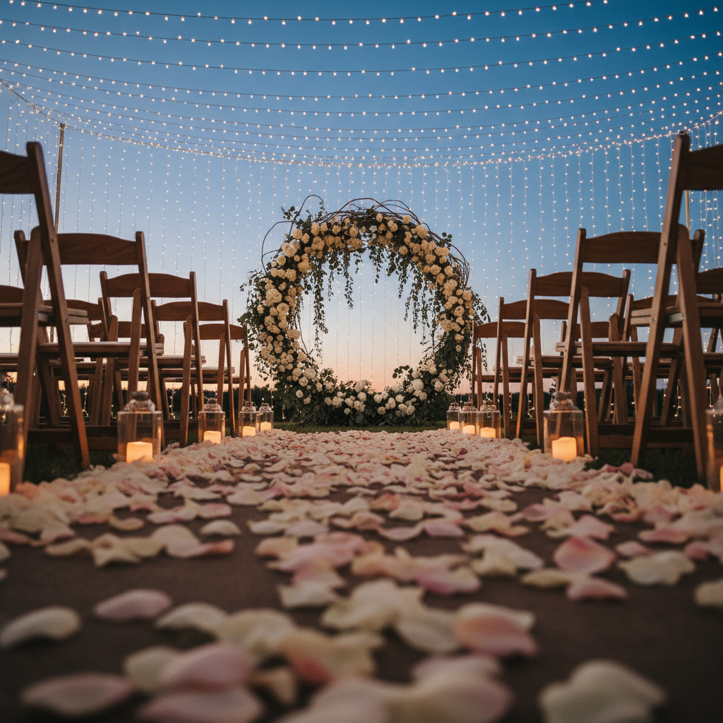 An atmospheric shot of a beautifully set outdoor ceremony space at twilight, deliberately devoid of guests but filled with detail. Two rows of simple wooden chairs create a central aisle strewn with pale rose petals, leading to an arch constructed from natural branches wrapped in cascading white flowers and greenery. Small glass lanterns with LED candles line the walkway, emitting a soft, warm glow that contrasts gently with the cool, fading blue of the evening sky. Tiny string lights are suspended overhead, forming a delicate canopy of light. Photographed with realistic style from a low, centered angle down the aisle, using a shallow depth of field so the arch is sharply in focus while foreground petals blur. The mood is romantic, serene, and anticipatory, perfectly expressing the ambiance a wedding photographer might capture on location.