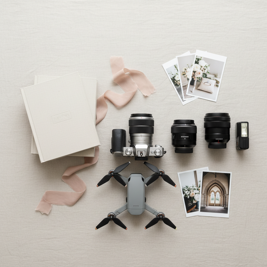 An intricately styled flat lay of wedding photography essentials arranged with precision on a smooth, light linen backdrop. A high-end mirrorless camera with a brushed metal finish sits near the center beside a collection of prime lenses, a sleek external flash, and a compact drone with folded arms. Around them, a stack of linen-bound sample albums, a delicate silk ribbon, and a scattering of printed test shots of florals, rings, and architectural details imply wedding work without showing people. Soft, diffused overcast light from above creates even illumination with barely-there shadows, enhancing every texture. Shot from a true bird’s eye view in photographic realism with balanced negative space, the composition feels curated, calm, and highly professional, perfectly suited for explaining services on a wedding photography portfolio site.