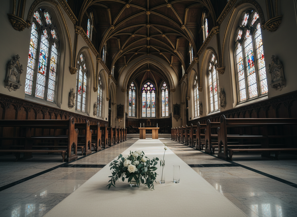 A dramatic, wide-angle interior of an ornate historic venue prepared for a wedding ceremony, with no attendees present. High, intricately carved ceilings and tall arched windows frame a central aisle leading toward a simple, modern altar table adorned with a single floral arrangement and a minimalist glass vase. Sunbeams filter through colored glass, casting soft, prismatic patterns on polished stone floors and wooden pews. The camera is placed low near the aisle entrance, using leading lines to draw the eye forward, with sharp focus from foreground to background. Photographic realism emphasizes the interplay of architecture and light. The atmosphere is grand yet contemplative, highlighting the type of stunning locations a professional wedding photographer can capture, suitable for a portfolio section focused on venues and spaces.