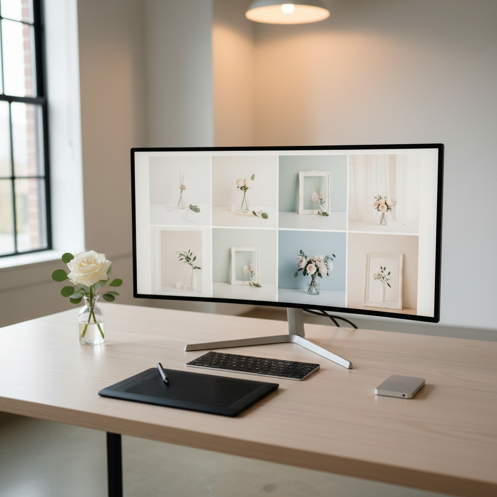 A minimalist, modern desk setup inside a bright studio office, featuring a large, ultra-thin monitor displaying a grid of softly blurred wedding images with neutral, pastel tones and no visible people. A sleek wireless keyboard, a professional pen tablet, and a high-resolution external drive sit on a pale oak desktop with subtle grain. Beside the monitor, a small glass vase holds a single white rose and eucalyptus stem, hinting at wedding aesthetics. Gentle natural daylight from a side window mixes with soft, warm overhead lighting, creating a clean, balanced glow without harsh shadows. Captured with photographic realism from a slightly elevated angle, with sharp focus throughout, the mood is organized, efficient, and quietly creative, conveying the professional editing and curation process behind wedding photography, ideal for an “About” or “Workflow” page.