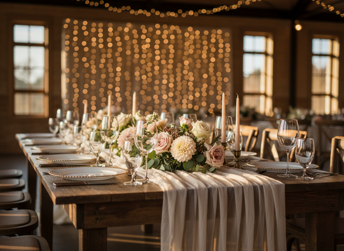 An empty, elegantly styled reception table in a softly lit venue, composed to highlight the kind of scene a wedding photographer would capture. A long wooden table is covered with a thin, gauzy runner, supporting clear glass chargers, simple white ceramic plates, and crystal stemware that catches the light. Low floral centerpieces in muted blush, ivory, and greenery sit between slender, unlit taper candles in brushed gold holders. In the background, blurred fairy lights cascade down a wall, forming a warm bokeh pattern. The lighting comes from a combination of golden hour window light and ambient string lights, creating layered highlights and soft shadows. Shot at eye level with moderate depth of field, in realistic photographic style, the mood is inviting, romantic, and polished, ideal for a portfolio section on reception coverage.