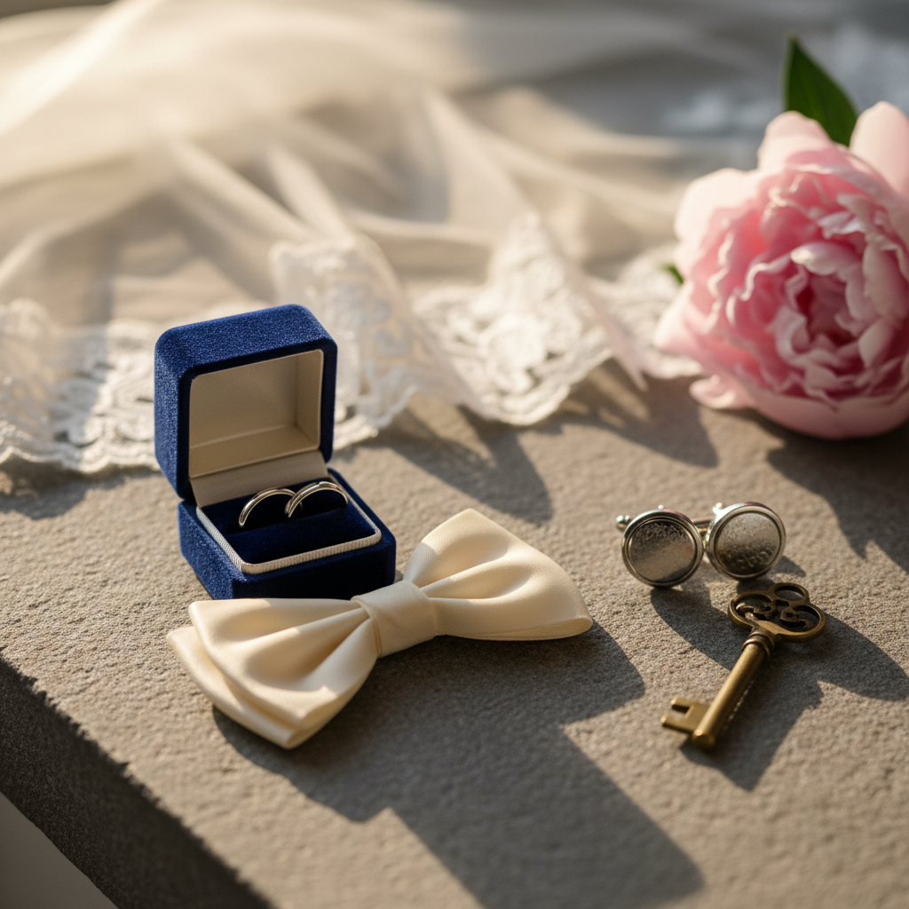 A refined close-up of symbolic wedding details artfully arranged on a textured stone surface: two simple yet elegant platinum rings in a small, open velvet ring box, a meticulously tied silk bow in soft ivory, and a pair of polished cufflinks resting beside a vintage-style brass key. In the background, out-of-focus hints of a lace veil edge and a single pale peony bloom add softness without showing any people. Warm window light from the side grazes the scene, creating gentle shadows and luminous highlights on metal surfaces. Captured in photographic realism with a macro-style, shallow depth of field and rule-of-thirds composition, the image feels intimate, timeless, and luxurious, ideal for showcasing attention to detail in a professional wedding photography portfolio.
